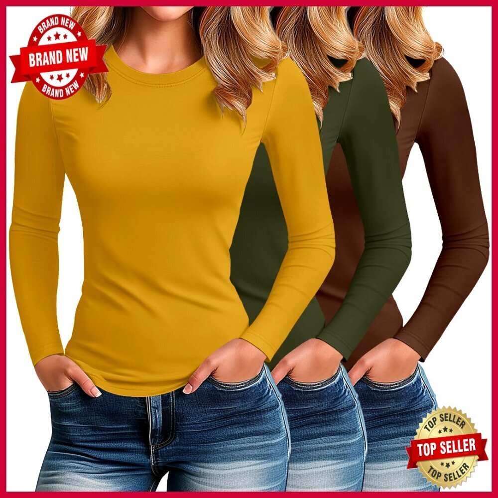 Long Sleeve Cotton Blend Crew Neck Tops Slim Fitted Casual Base Layer Tees